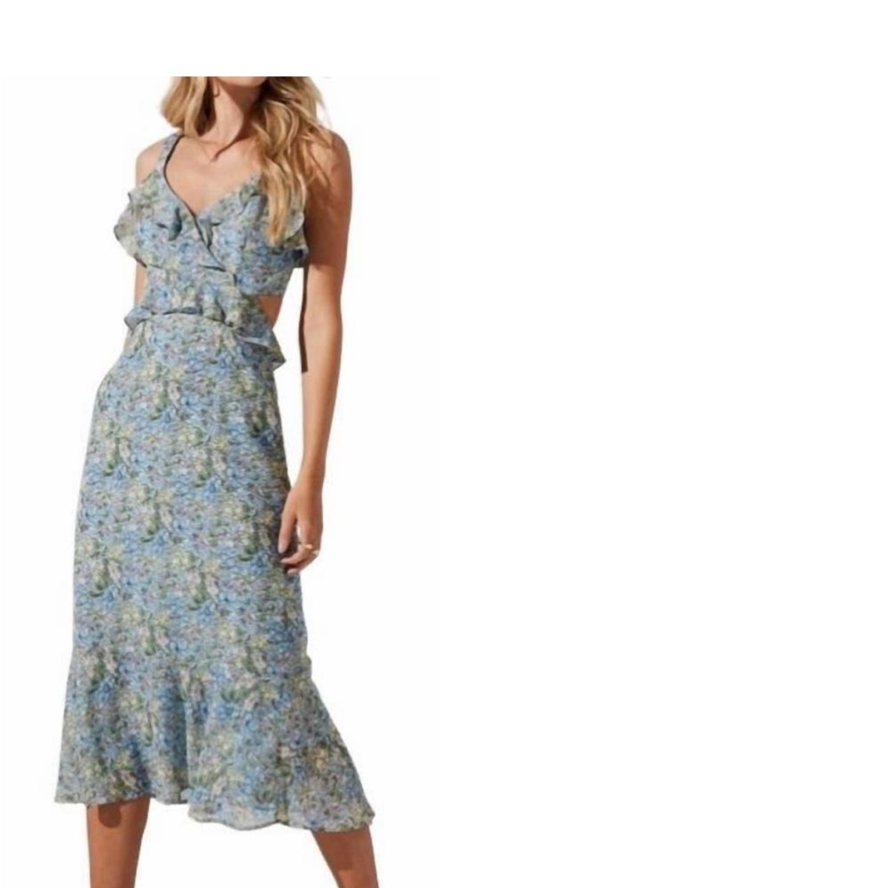 Astr Blue and White Ruffled Tie Front Midi Dress